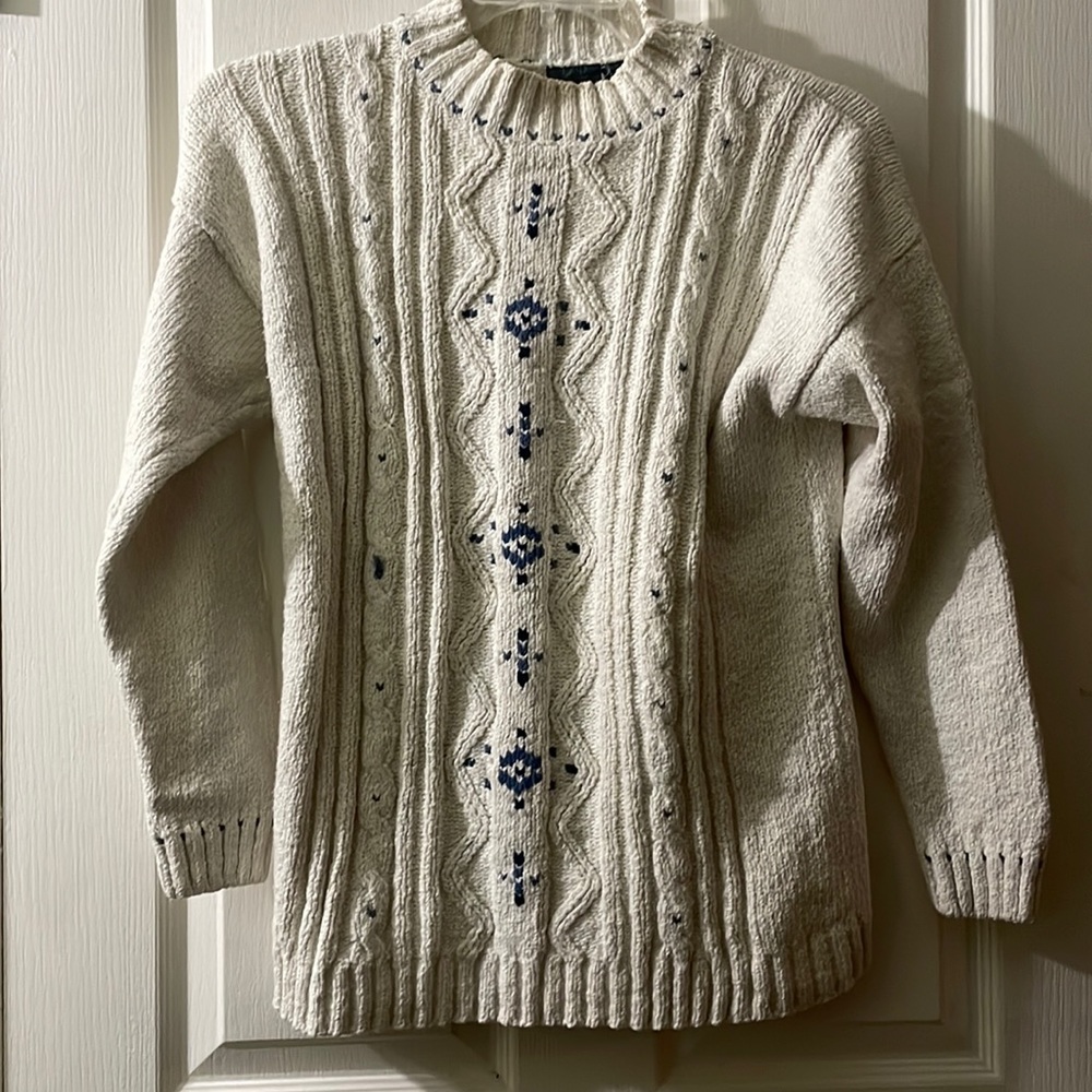 Vintage Liz Wear Cream and Blue Chunky Knit Cable Knit Pointelle Sweater Size S